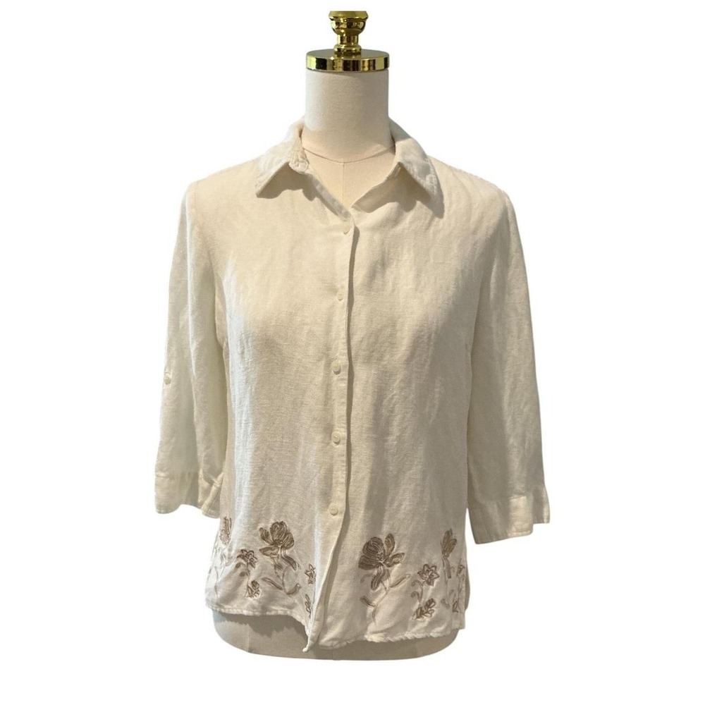 Norton McNaughton Button Up Top Womens PS White/Cream Floral Linen Blend